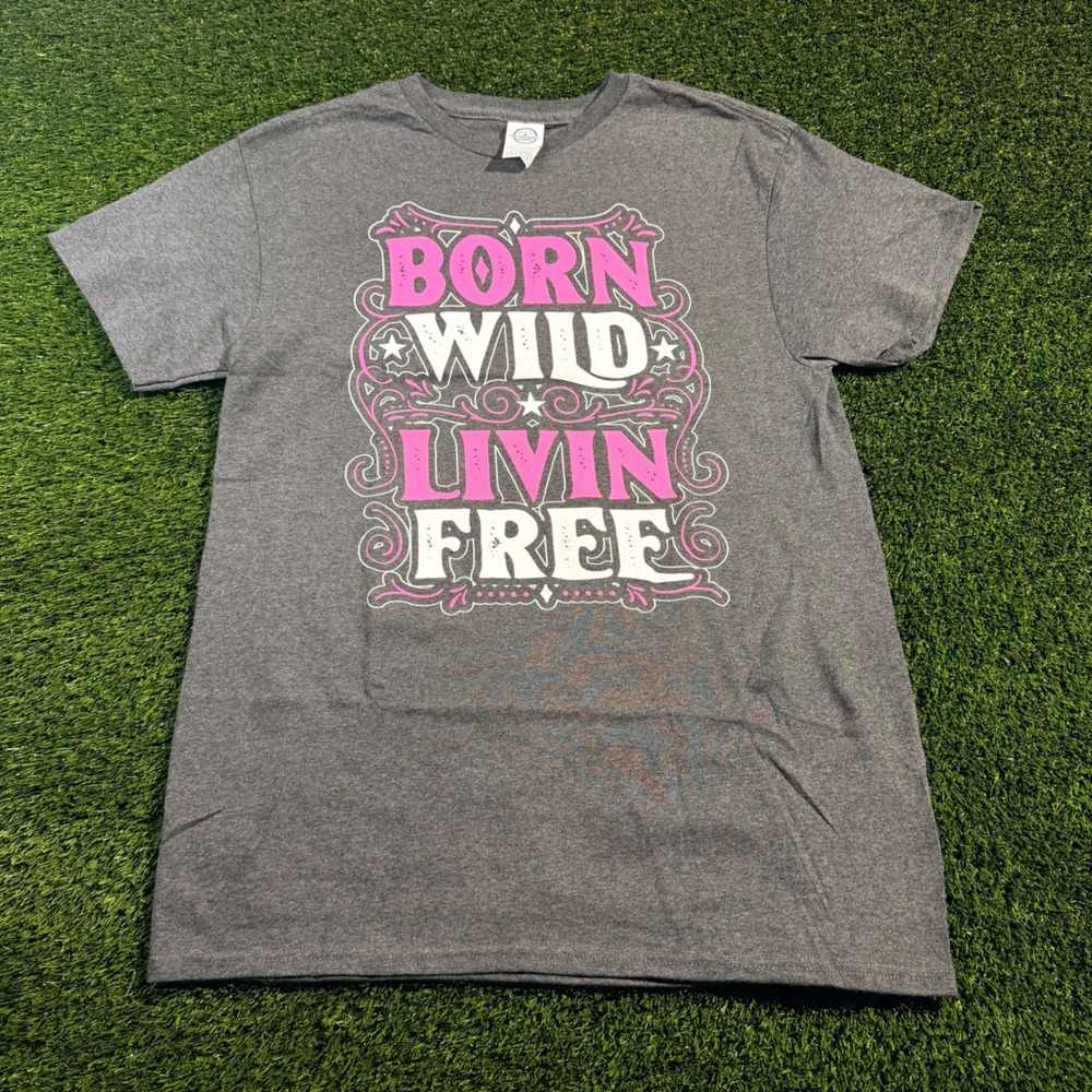 Delta Pro Weight Born Wild Livin Free Graphic T-Shirt Gray Pink Medium